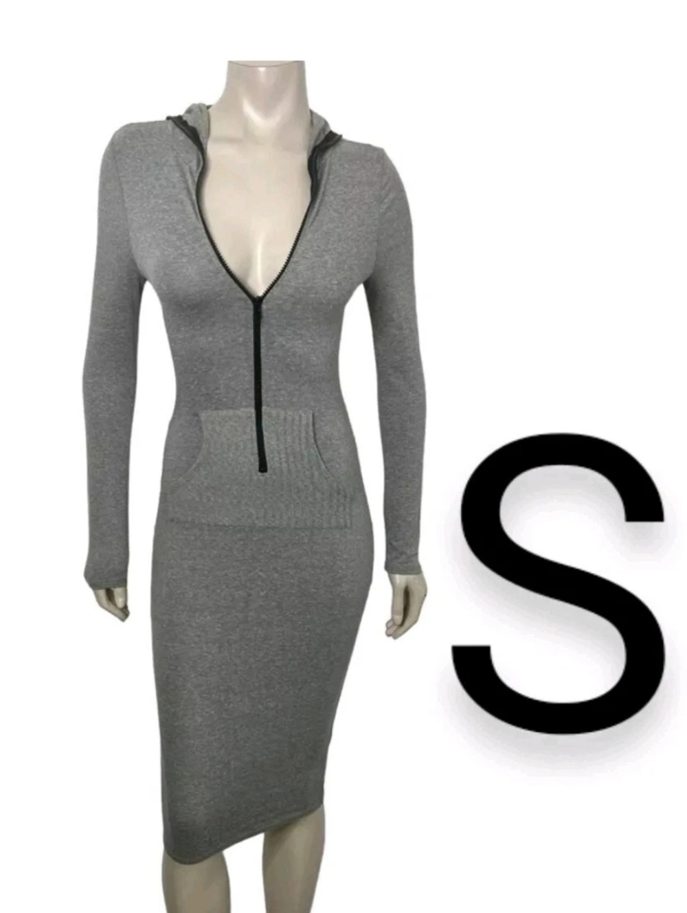 🆕Comfy Heather Grey Warm Knit Front Zipper Midi Hoodie Dress~Size S